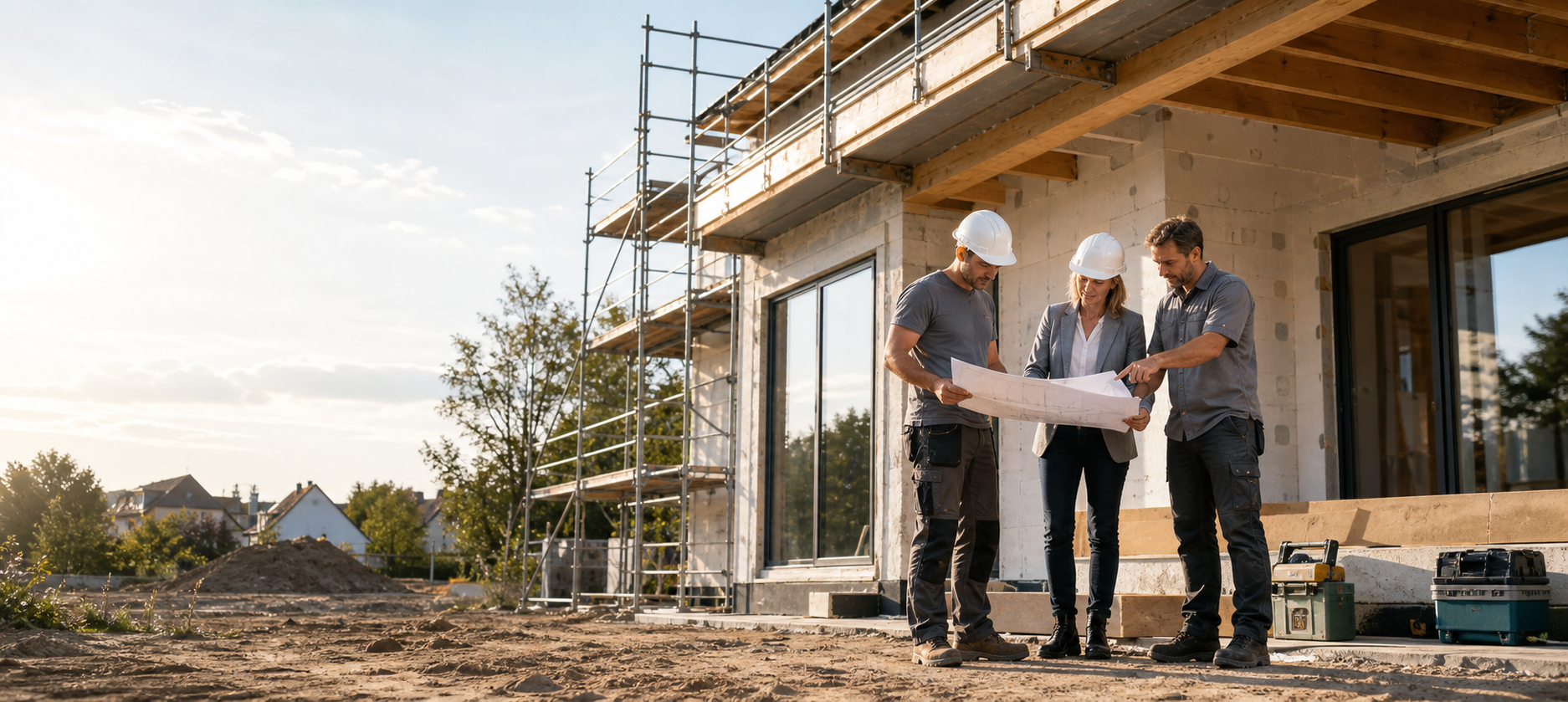 Bauleiter und Handwerker besprechen Plaene auf einer Baustelle